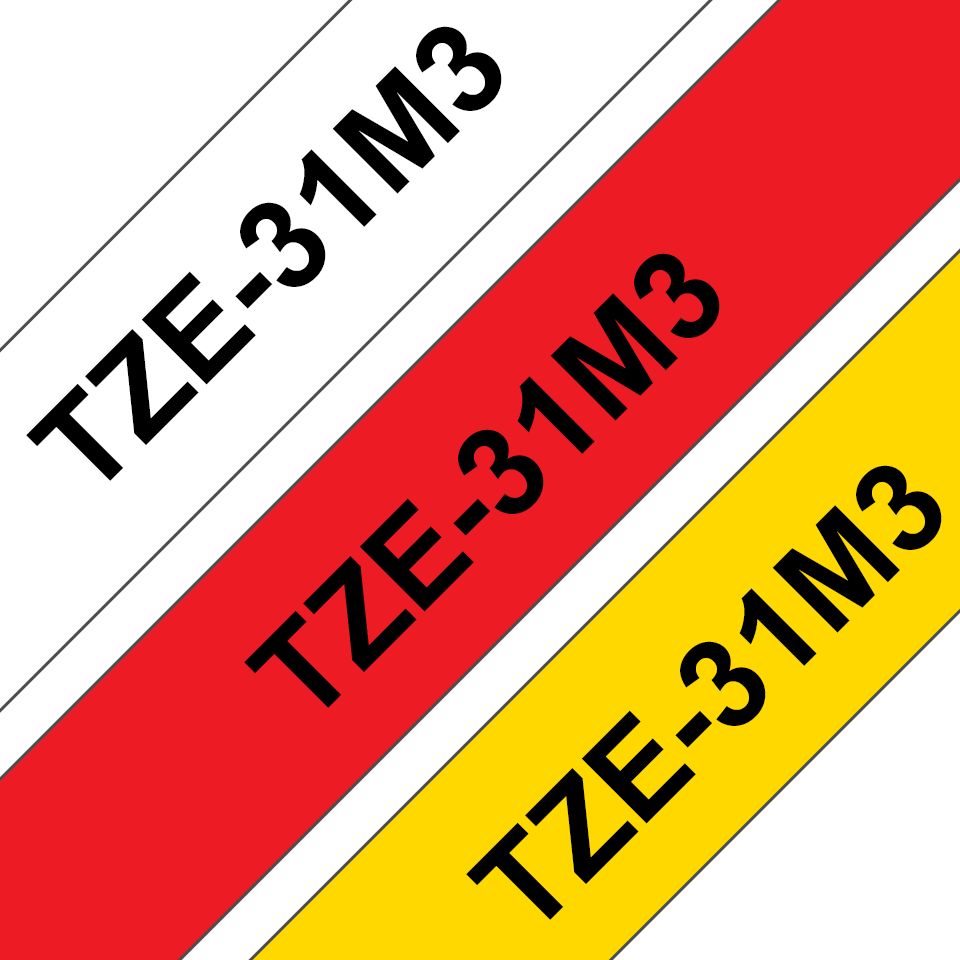 Oryginalne taśmy TZe-31M3 firmy Brother – czarny nadruk na czerwonym, białym i żółtym tle,  12mm szerokości